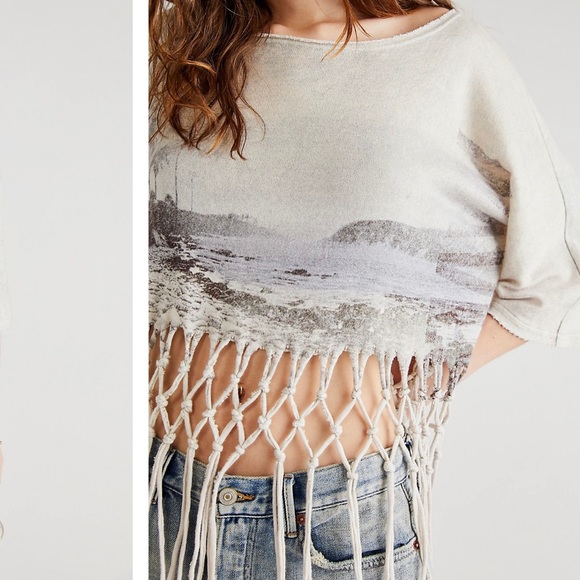 Free People Fringe Lightweight Sweatshirt Tee Beach Tropical Print XL - Picture 3 of 6